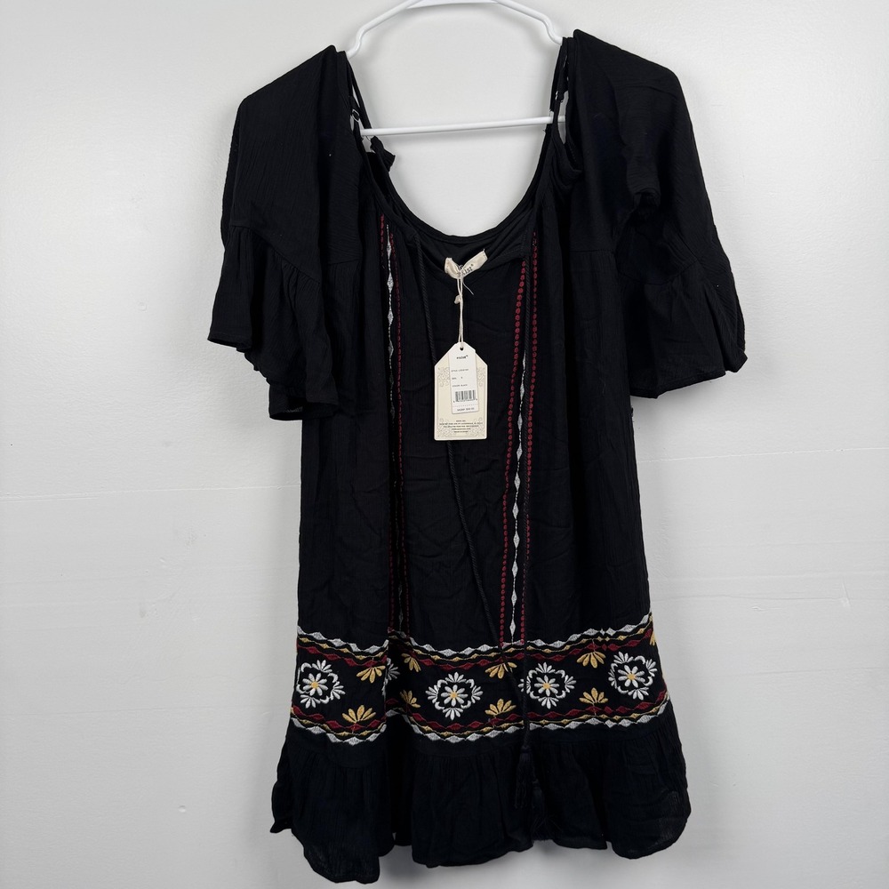 Exist Dress Womens Small Black Embroidered Boho Peasant Ruffle Hem Tassel Tunic